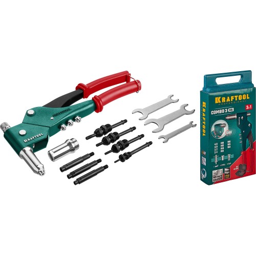 KRAFTOOL Combo3-M6, 360°, 3 вида заклёпок, комбинированный поворотный заклепочник в кейсе (31178)