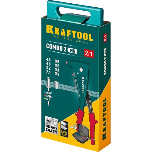 KRAFTOOL Combo2-M6, 2 вида заклёпок, комбинированный литой заклепочник в кейсе (31180)