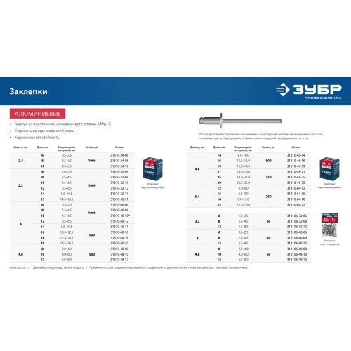ЗУБР 4.0 x 14 мм, 500 шт, алюминиевые заклепки, Профессионал (31310-40-14)