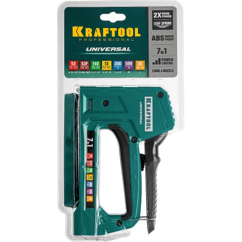 KRAFTOOL Universal, 7-в-1: 53 (A/10/JT21) 23GA (6 - 14 мм)/140 (G/11/57) 20GA (8 - 14 мм)/13/53F/36/500, универсальный легкий степлер (31524)