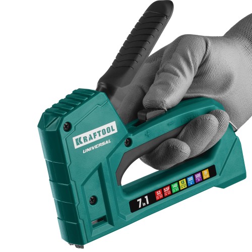 KRAFTOOL Universal, 7-в-1: 53 (A/10/JT21) 23GA (6 - 14 мм)/140 (G/11/57) 20GA (8 - 14 мм)/13/53F/36/500, универсальный легкий степлер (31524)