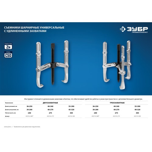 ЗУБР внешний d 36 - 250 мм, внутренний d 30 - 200 мм, шарнирный двухзахватный съемник с удлиненными захватами, Профессионал (43316-240)
