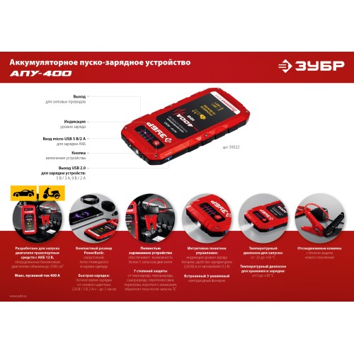 ЗУБР АПУ-400, 12 В, макс. 400 А, аккумуляторное пусковое устройство (59322)