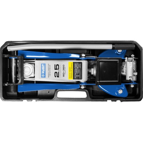 ЗУБР Т-65, 2.5 т, 90 - 360 мм, подкатной домкрат с низким подхватом и поворотной ручкой в кейсе, Профессионал (43057-2.5-K)