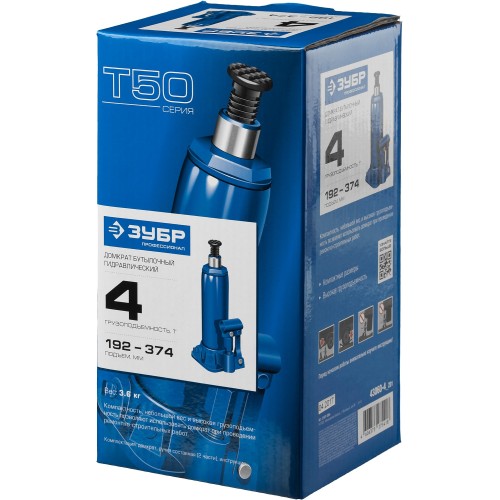 ЗУБР 4 т, 192 - 374 мм, бутылочный гидравлический домкрат, Профессионал (43060-4)
