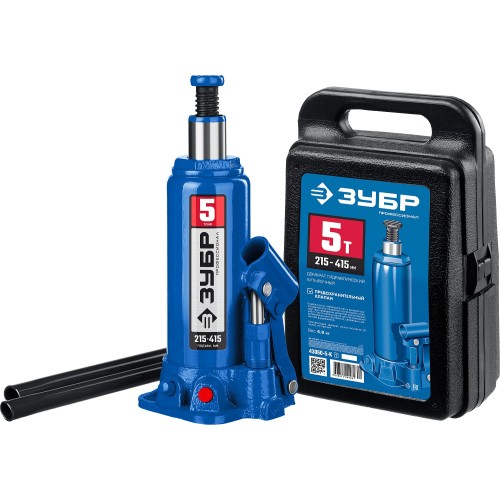 ЗУБР 5 т, 216 - 413 мм, бутылочный гидравлический домкрат в кейсе, Профессионал (43060-5-K)
