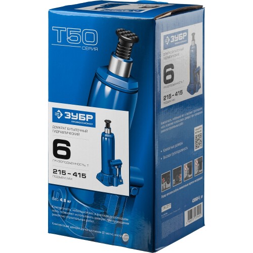 ЗУБР 6 т, 215 - 415 мм, бутылочный гидравлический домкрат, Профессионал (43060-6)