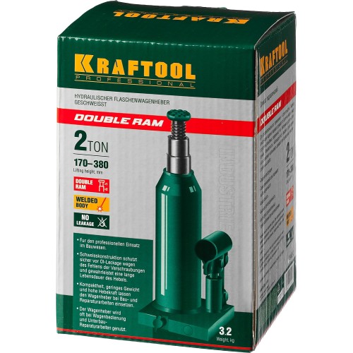 KRAFTOOL DOUBLE RAM, 2 т, 170 - 380 мм, с увеличенным подъемом, двухштоковый бутылочный домкрат (43463-2)