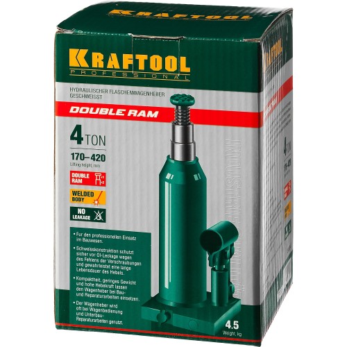 KRAFTOOL DOUBLE RAM, 4 т, 170 - 420 мм, с увеличенным подъемом, двухштоковый бутылочный домкрат (43463-4)