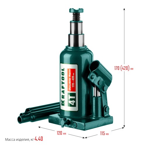 KRAFTOOL DOUBLE RAM, 4 т, 170 - 420 мм, с увеличенным подъемом, двухштоковый бутылочный домкрат (43463-4)