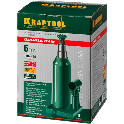 KRAFTOOL DOUBLE RAM, 6 т, 170 - 420 мм, с увеличенным подъемом, двухштоковый бутылочный домкрат (43463-6)