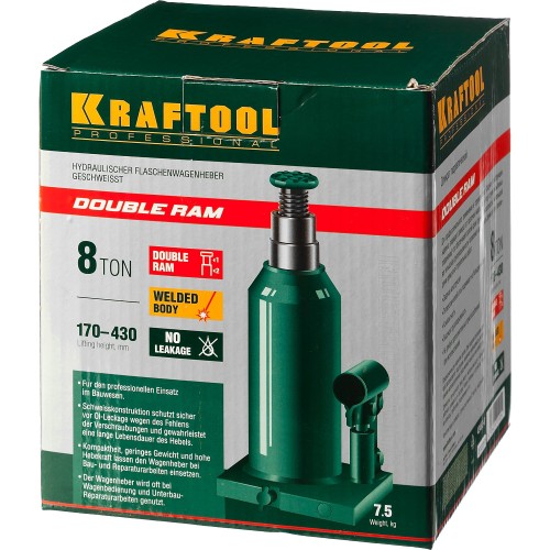 KRAFTOOL DOUBLE RAM, 8 т, 170 - 430 мм, с увеличенным подъемом, двухштоковый бутылочный домкрат (43463-8)