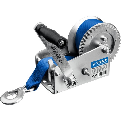 ЗУБР 0.9 т, 10 м, ручная барабанная тяговая ленточная лебедка, Профессионал (43115-0.9)
