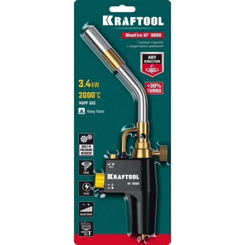 KRAFTOOL KF-9000, с пьезоподжигом на баллон турбо нагрев + 30% 2000°C, Газовая горелка Blue Fire (55510)