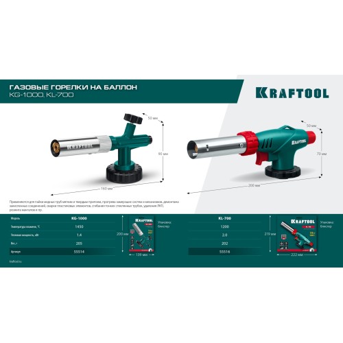 KRAFTOOL KL-700 с пьезоподжигом, увеличенная мощность, газовая горелка на баллон (55516)