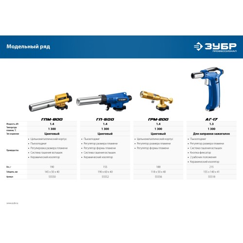 ЗУБР АГ-17, 1300°C, автономная газовая горелка с пьезоподжигом, Профессионал (55518)