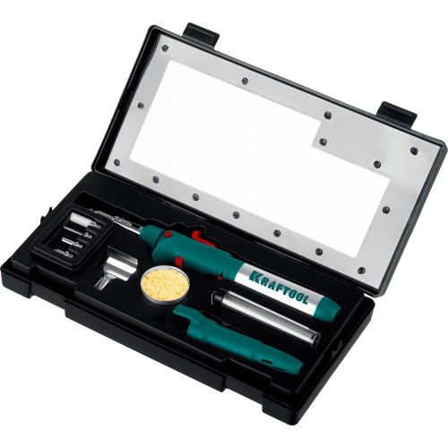 KRAFTOOL SolderGas, 120 K, 30 - 120 Вт, 1300°С, горелка, фен, пьезоподжиг, набор 10 в 1, газовый паяльник (55503-H10)