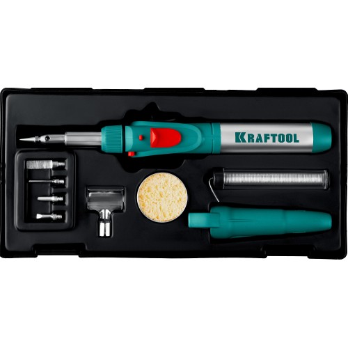 KRAFTOOL SolderGas, 120 K, 30 - 120 Вт, 1300°С, горелка, фен, пьезоподжиг, набор 10 в 1, газовый паяльник (55503-H10)