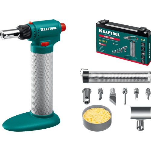KRAFTOOL Multi torch, 30 - 150 Вт, 1300°С, набор 8 в 1: горелка, фен, пьезоподжиг, газовый паяльник (55506-H8)