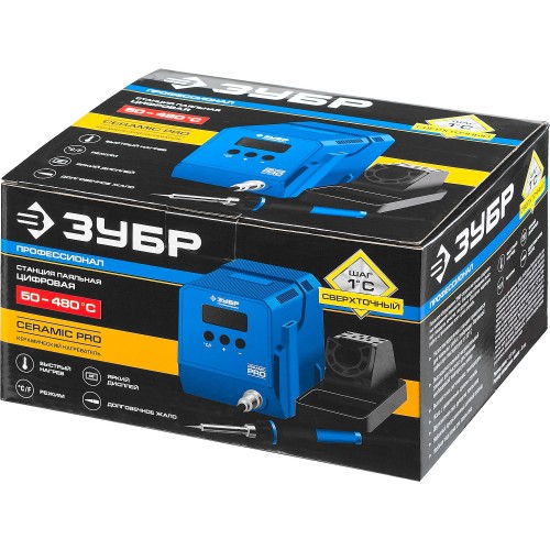 ЗУБР ПСН-60, 60 Вт, 50 - 480°C, керамический нагреватель, низкотемпературная паяльная станция цифровая, Профессионал (55336)