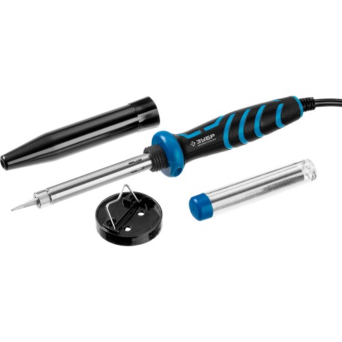 ЗУБР 40 Вт, в наборе: припой + подставка, 2к рукоятка, конус, керамический нагреватель, электропаяльник, Профессионал (55402-40)