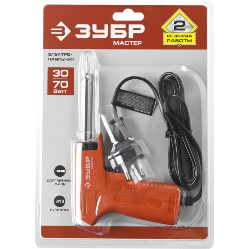 ЗУБР 30 Вт + 70 Вт, конус, электропаяльник с пистолетной рукояткой (55404)