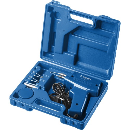 ЗУБР 150 Вт, в наборе: нагрев 6 сек., канифоль, припой, 2 сменных жала, импульсный паяльник, Профессионал (55412-H4)