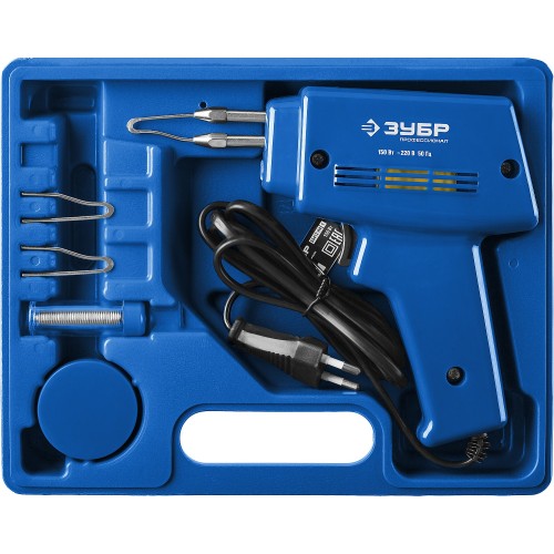 ЗУБР 150 Вт, в наборе: нагрев 6 сек., канифоль, припой, 2 сменных жала, импульсный паяльник, Профессионал (55412-H4)