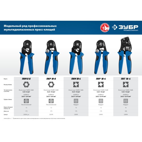 ЗУБР ПКТ-16-4, 0.25 - 16 мм2, с квадратным профилем, торцевые мультидиапазонные пресс-клещи, Профессионал (22694)