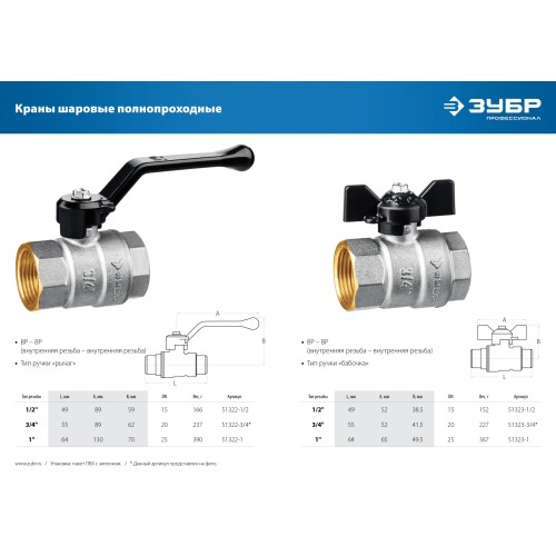 ЗУБР d 1/2″, ручка ″бабочка″, ″мама-мама″, полнопроходной шаровой кран (51323-1/2)
