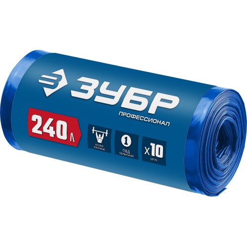 ЗУБР 240 л, 10 шт, синие, из первичного материала, особопрочные, строительные мусорные мешки, Профессионал (39159-240)