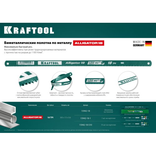 KRAFTOOL Alligator-18, 18 TPI, 300 мм, биметаллическое гибкое полотно по металлу (15942-18-S10)