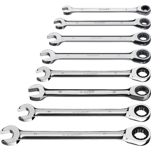 ЗУБР 8 шт, 8 - 19 мм, набор комбинированных трещоточных гаечных ключей, Профессионал (27074-H8)