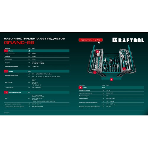 KRAFTOOL GRAND-99, 99 предм., (1/2″+1/4″), Универсальный набор инструмента (27978-H99)