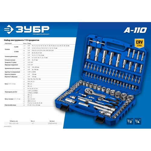 ЗУБР А-110, 110 предм., (1/2″ + 1/4″), универсальный набор инструмента, Профессионал (27635-H110)