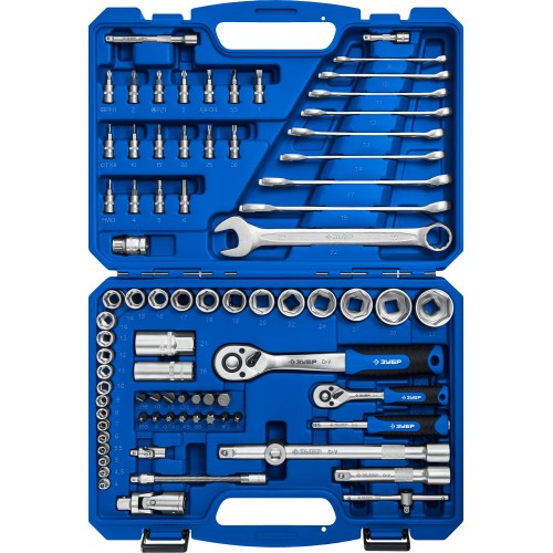 ЗУБР А-82, 82 предм.,(1/2″ + 1/4″), универсальный набор инструмента, Профессионал (27635-H82)