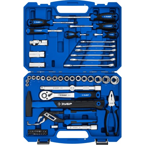 ЗУБР Универсал-63, 63 предм., (1/2″+ 1/4″), универсальный набор инструмента, Профессионал (27670-H58)