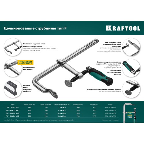 KRAFTOOL Forge FF-160/80, 80 х 160 мм, цельнокованая струбцина F (32014-080-160)