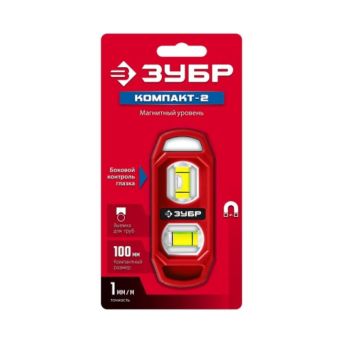 ЗУБР КОМПАКТ-2, 100 мм, пластиковый корпус, компактный магнитный уровень (3458)