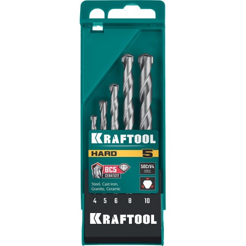 KRAFTOOL Hard, 5 шт: 4-5-6-8-10 мм, набор сверл по по твёрдым материалам (29177-H5)
