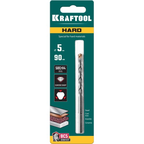 KRAFTOOL Hard, 5 х 90 мм, тв.сплав ВС5, сверло специальное по твёрдым материалам (29177-090-5)