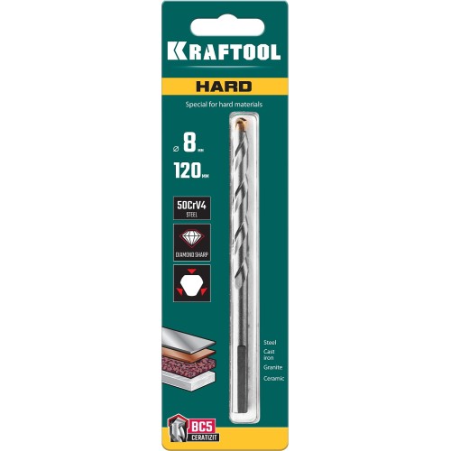 KRAFTOOL Hard, 8 х 120 мм, тв.сплав ВС5, сверло специальное по твёрдым материалам (29177-120-8)