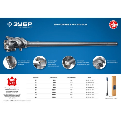 ЗУБР 55 х 500/600 мм, SDS-max проломной бур, Профессионал (29330-55-600)