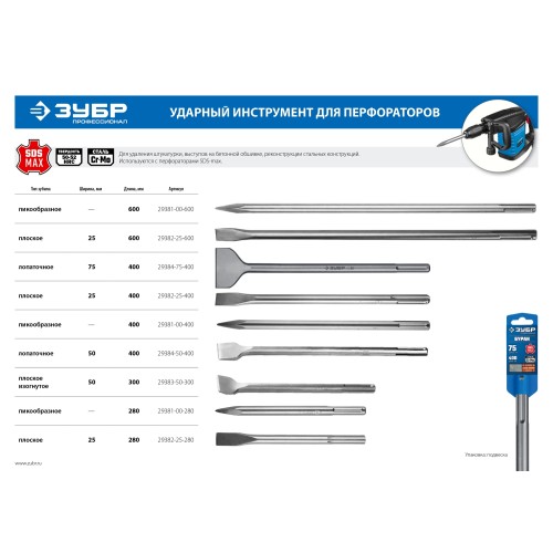 ЗУБР БУРАН, 25 x 600 мм, SDS-max, плоское зубило, Профессионал (29382-25-600)