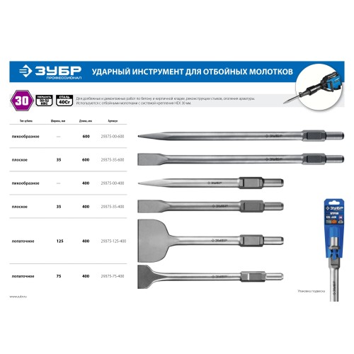 ЗУБР БУРАН, 35 х 600 мм, HEX 30, плоское зубило (29375-35-600)