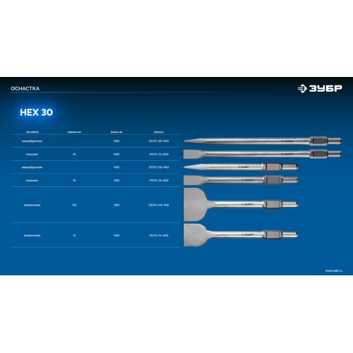 ЗУБР БУРАН, 75 х 400 мм, HEX 30, лопаточное зубило (29375-75-400)