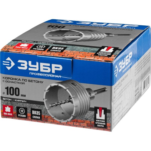 ЗУБР 100 мм, SDS - max, 12Т, коронка по бетону с державкой, Профессионал (2918-100)