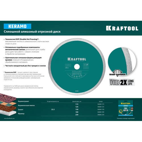 KRAFTOOL KERAMO, 230 мм, (22.2 мм, 10 х 2.2 мм), сплошной алмазный диск (36684-230)
