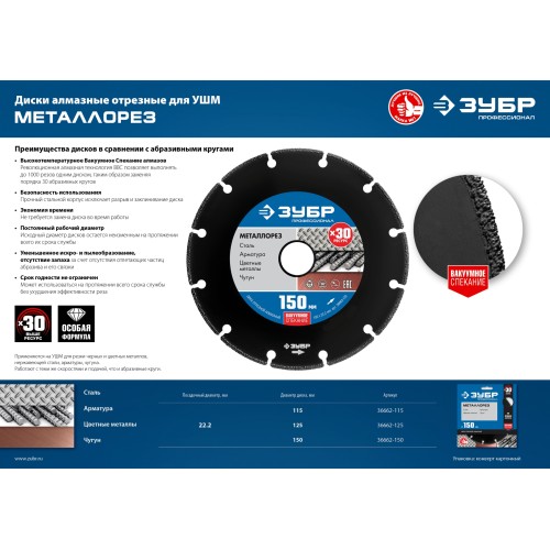 ЗУБР МЕТАЛЛОРЕЗ 125 мм, вакуумное спекание, алмазный диск по металлу, Профессионал (36662-125)