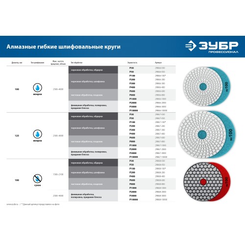 ЗУБР 100 мм, №100, мокрое шлифование, алмазный гибкий шлифовальный круг АГШК, Профессионал (29866-100)